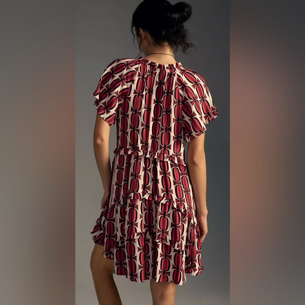 NWT Anthropologie Robin Tiered Flutter Sleeve Mini Dress Geometric Print Medium - Picture 2 of 9